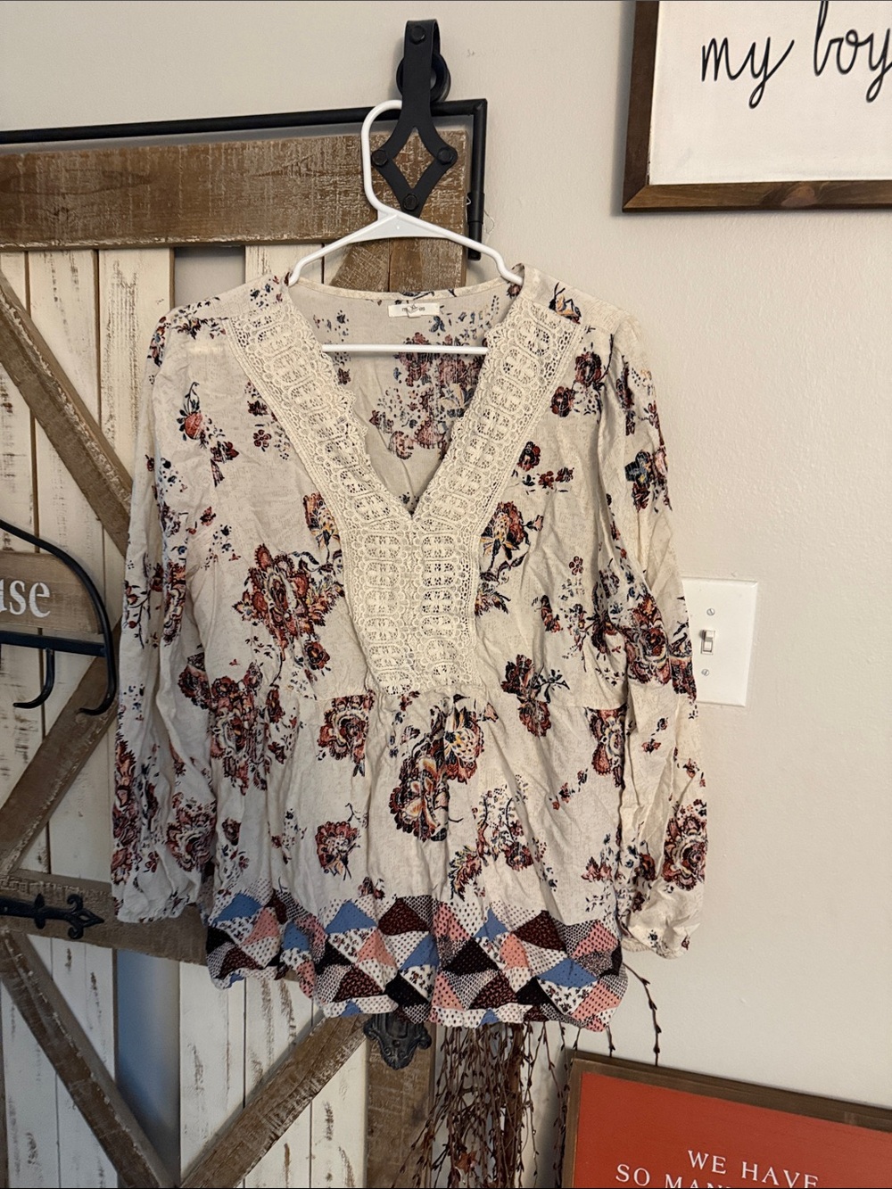 Maurices Cream Peasant Blouse with Rust & Blue Floral